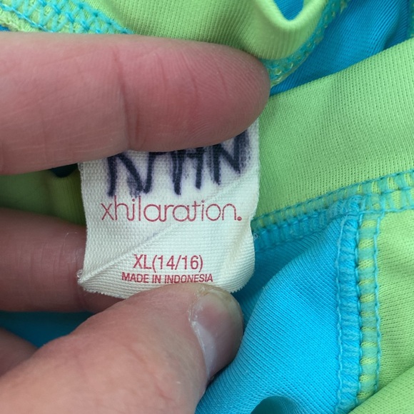 Girls Swim Shirt w Cap Sleeves Blue & Lime Green w/ Hawaiian Flower XL 14/16 - Picture 5 of 5